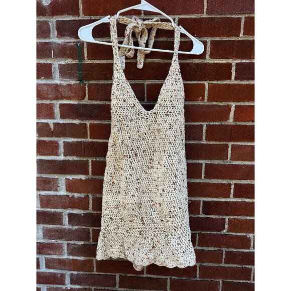 Handmade Crochet Halter Dress Cream Low Back Open Knit Boho Festival - Picture 1 of 4